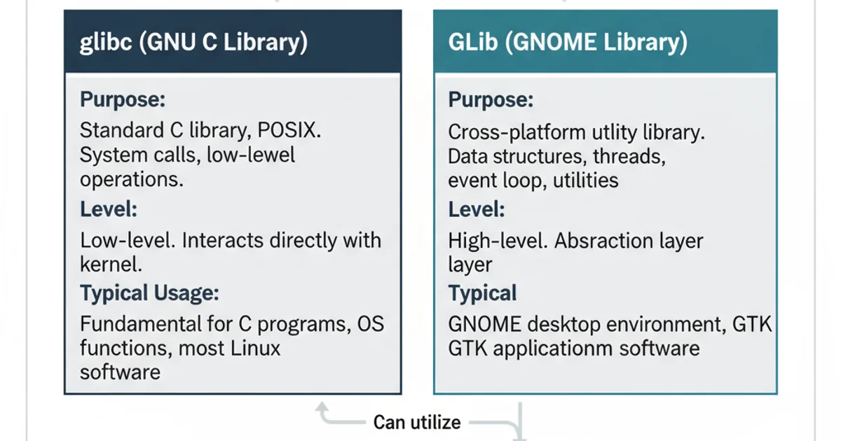 Comparison table highlighting differences between glibc and GLib in terms of purpose, level, and typical usage.