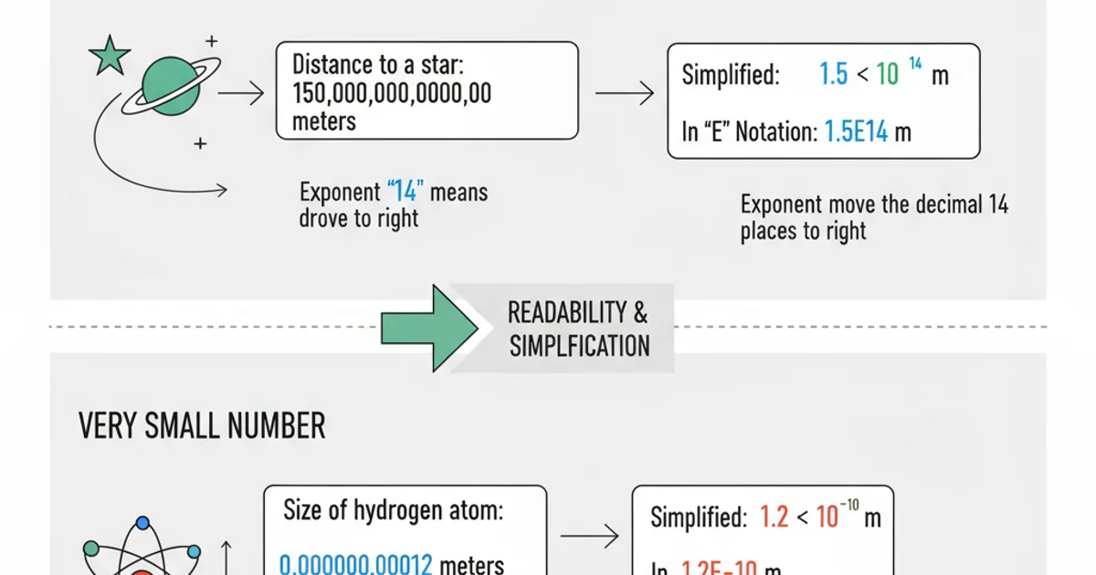 A visual representation of a very large number (e.g., distance to a star) and a very small number (e.g., size of an atom) being simplified by scientific notation, highlighting readability.