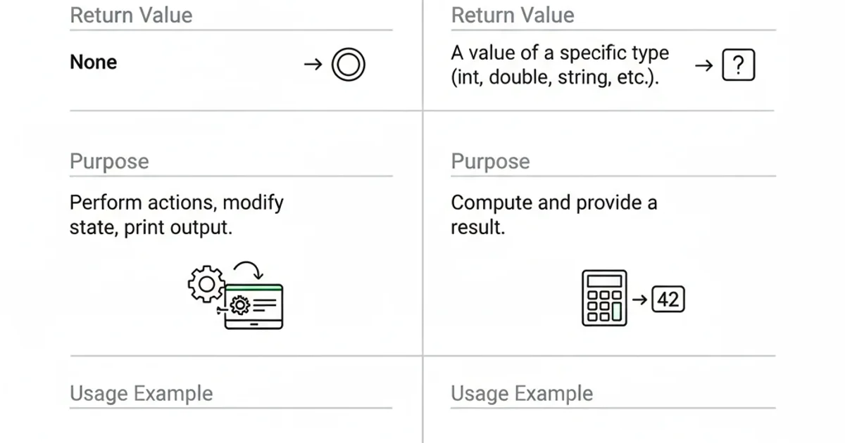 Table comparing void and non-void functions based on return value, purpose, and usage.