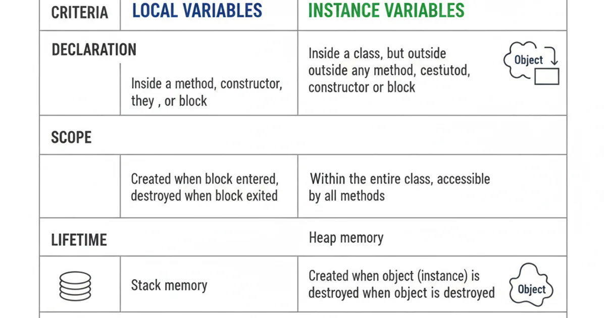Table comparing local and instance variables based on declaration, scope, lifetime, memory, and initialization.