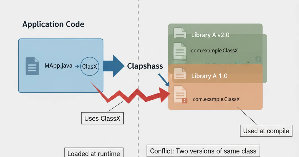 Diagram showing two different versions of a library (Library A v1.0 and Library A v2.0) both present in the classpath, leading to a conflict.
