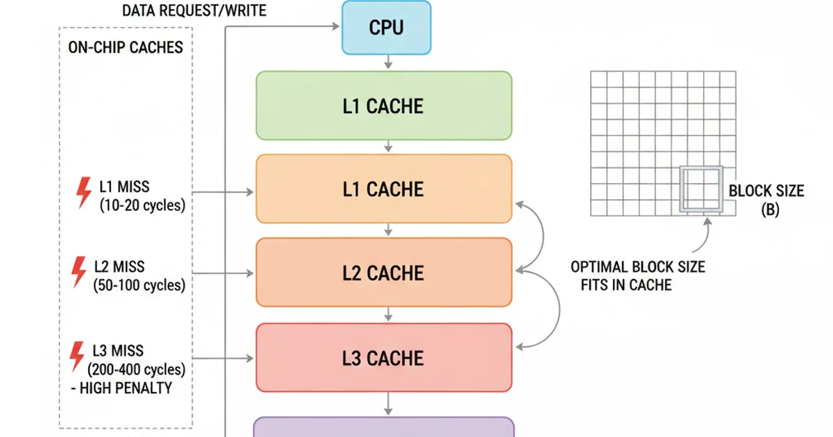 Diagram showing CPU, L1, L2, L3 caches, and main memory with data flow, highlighting cache miss penalties.