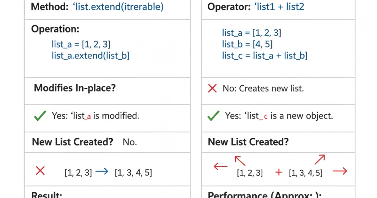 Comparison table showing extend() vs. + operator for list appending, highlighting in-place modification, new list creation, and performance.