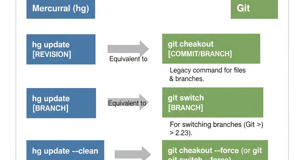 Table comparing Mercurial 'hg update' commands to Git 'git checkout' and 'git switch' commands