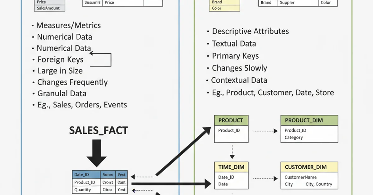 Table comparing characteristics of fact tables and dimension tables
