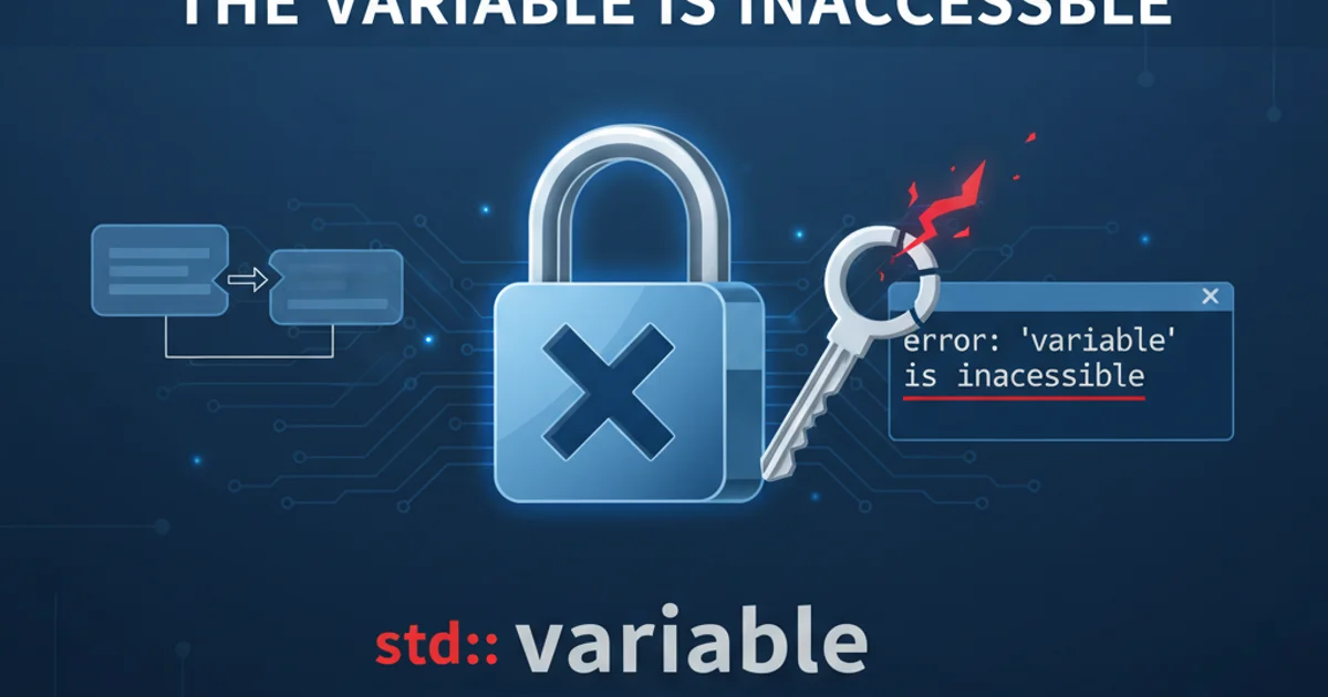 Illustration of a locked variable icon with a key, representing an inaccessible variable in C++.