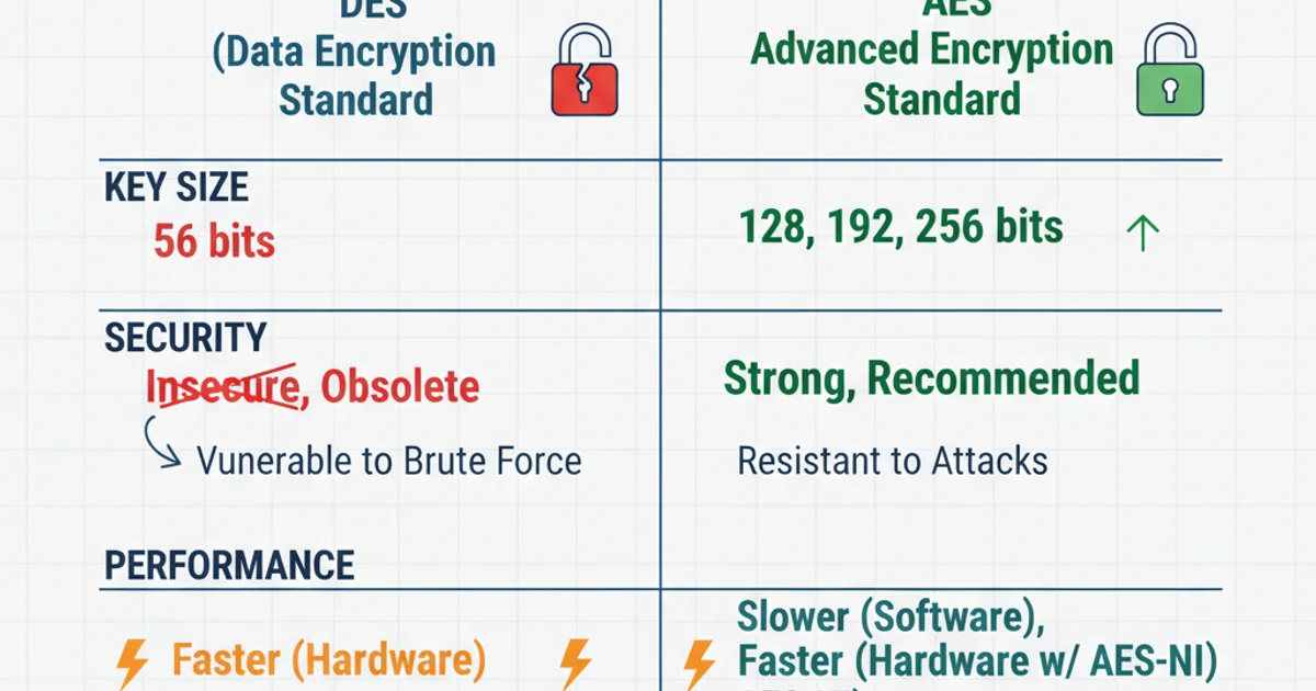 Comparison table highlighting key differences between DES and AES encryption algorithms, focusing on key size, security, and performance.