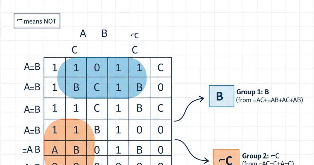 Example of a 3-variable Karnaugh Map with grouped ones for simplification