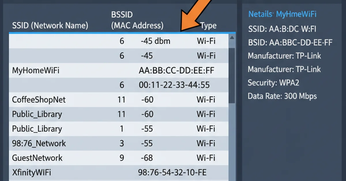 Screenshot of Kismet wireless network scanner interface showing detected networks with SSIDs and BSSIDs.