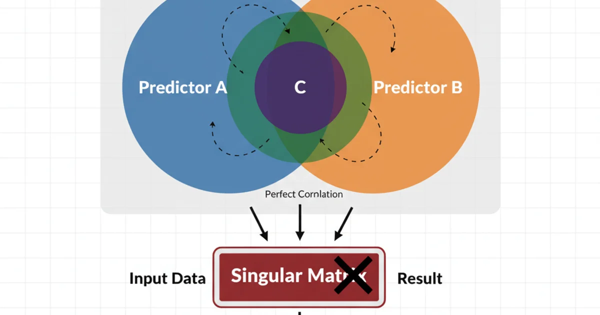 A conceptual diagram illustrating perfect multicollinearity. Two overlapping circles labeled 'Predictor A' and 'Predictor B' are shown, with a third circle 'Predictor C' completely inside the intersection of A and B, indicating C is perfectly correlated with A and B. Arrows point from the predictors to a 'Singular Matrix' box, then to an 'Estimation Failure' box. Clean, technical style.