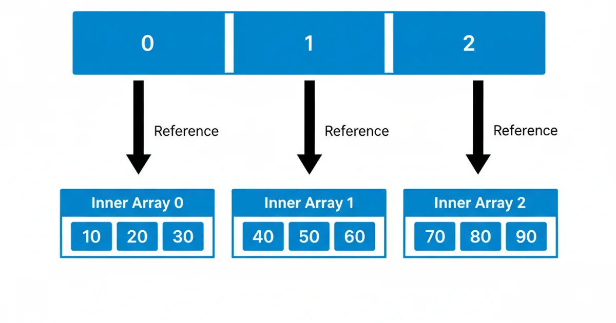 A diagram illustrating a Java 2D array structure. The main array (labeled 'Outer Array') contains references to three separate 1D arrays (labeled 'Inner Array 0', 'Inner Array 1', 'Inner Array 2'). Each inner array contains integer elements. Arrows show references from outer array elements to inner arrays. Use a clean, technical style with blue boxes for arrays and black arrows for references.