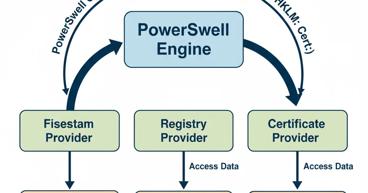 A conceptual diagram illustrating PowerShell providers. A central 'PowerShell Engine' connects to multiple 'Providers' (e.g., FileSystem, Registry, Certificate). Each provider is shown as a gateway to its respective 'Data Store' (e.g., Disk Drives, Registry Hives, Certificate Stores). Arrows indicate that PowerShell cmdlets interact with providers to access data stores.