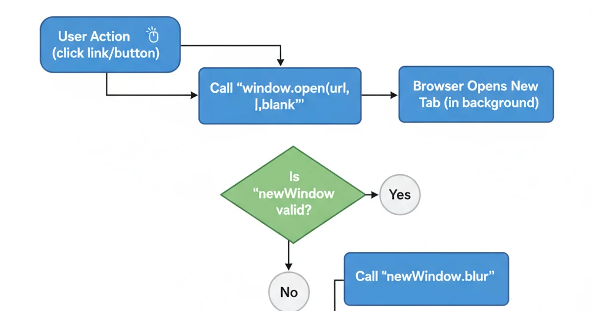 A flowchart illustrating the process of opening a new tab in the background. Steps include: User Action (click), Call window.open(url, '_blank'), Browser opens new tab, Check if newWindow is valid, Call newWindow.blur(), Call window.focus(). Arrows connect the steps sequentially. Blue boxes for actions, green diamond for decision.