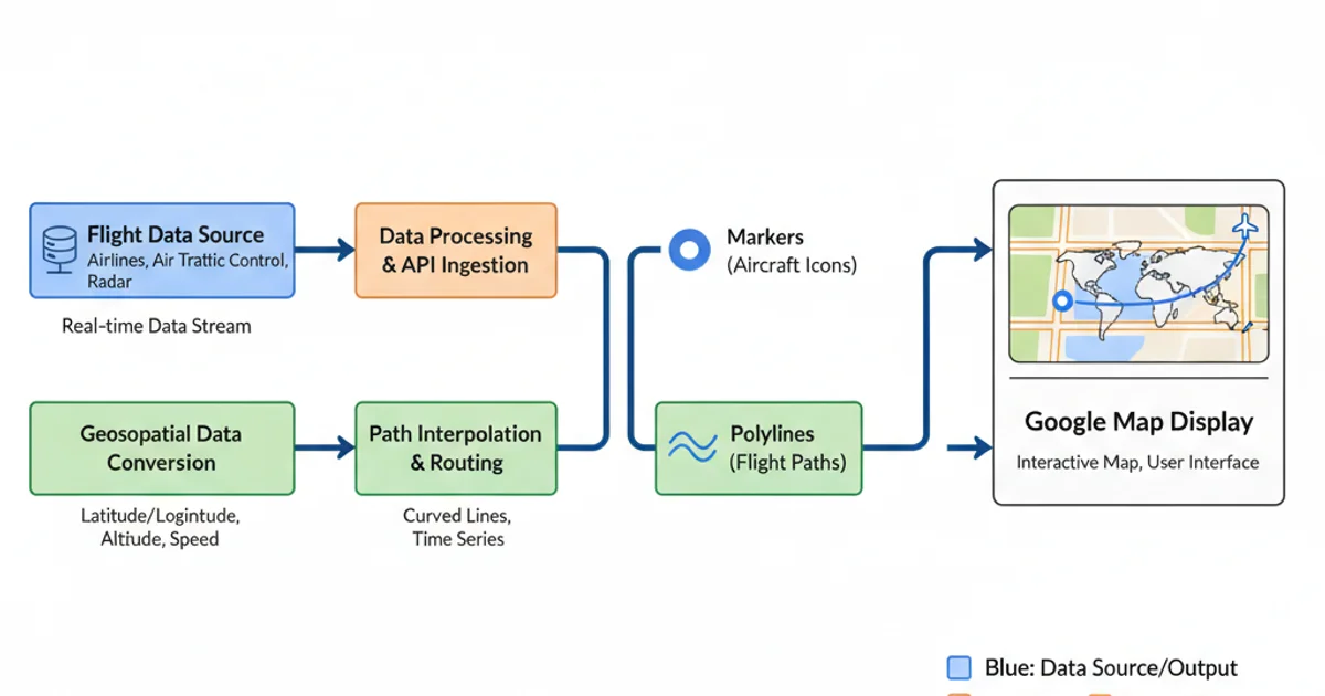 A diagram showing a data flow from a 'Flight Data Source' to a 'Google Map Display' with 'Markers' and 'Polylines' as intermediate steps.