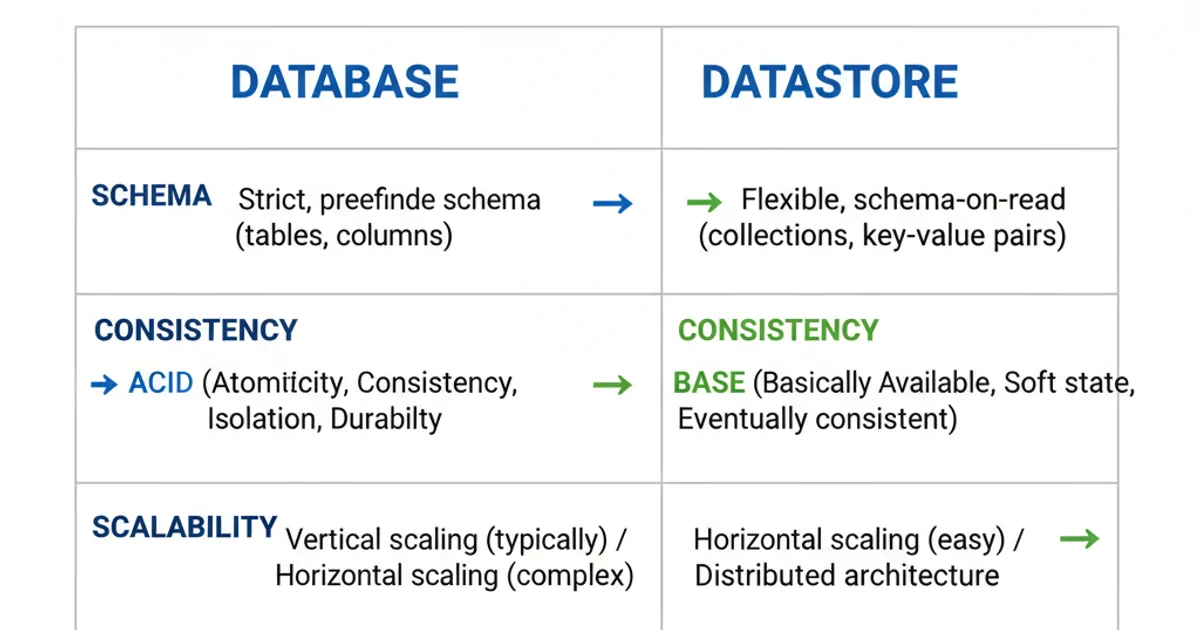 Comparison table highlighting differences between databases and datastores across schema, consistency, scalability, and typical use cases.