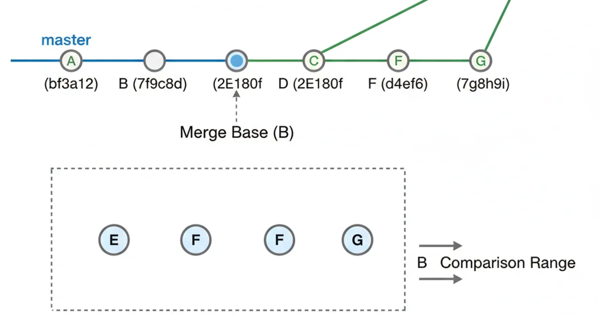 A Git commit history diagram. 'Master' branch has commits A, B, C, D. 'Feature' branch branches off from B and has commits E, F, G. The merge base of 'master' and 'feature' is commit B. The command 'git diff master...HEAD' would compare commit B with commit G, showing only the changes introduced by E, F, G. Use blue for master, green for feature, and distinct commit hashes. Highlight commit B as the merge base.