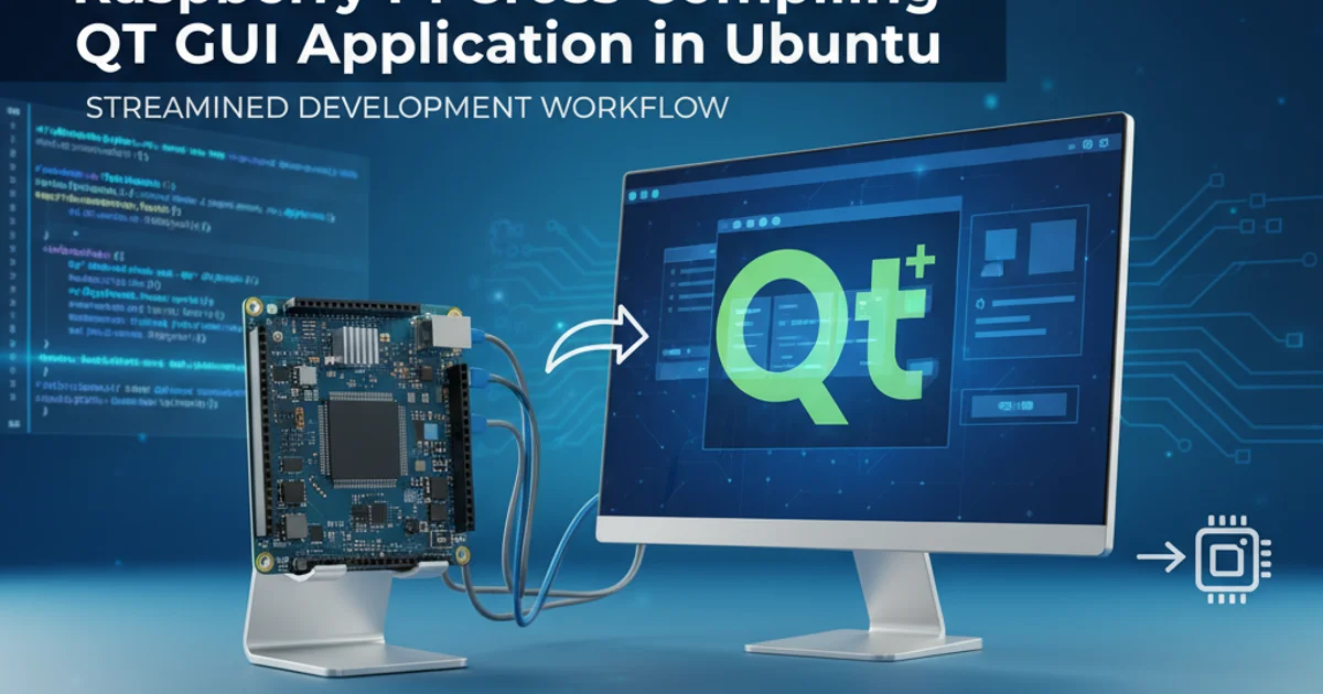 Raspberry Pi board connected to a monitor, with a Qt logo overlay, symbolizing cross-compilation.