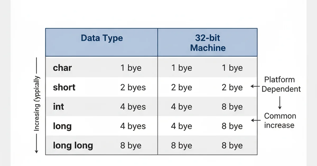 Table comparing the typical sizes of char, short, int, long, and long long on 32-bit and 64-bit architectures.
