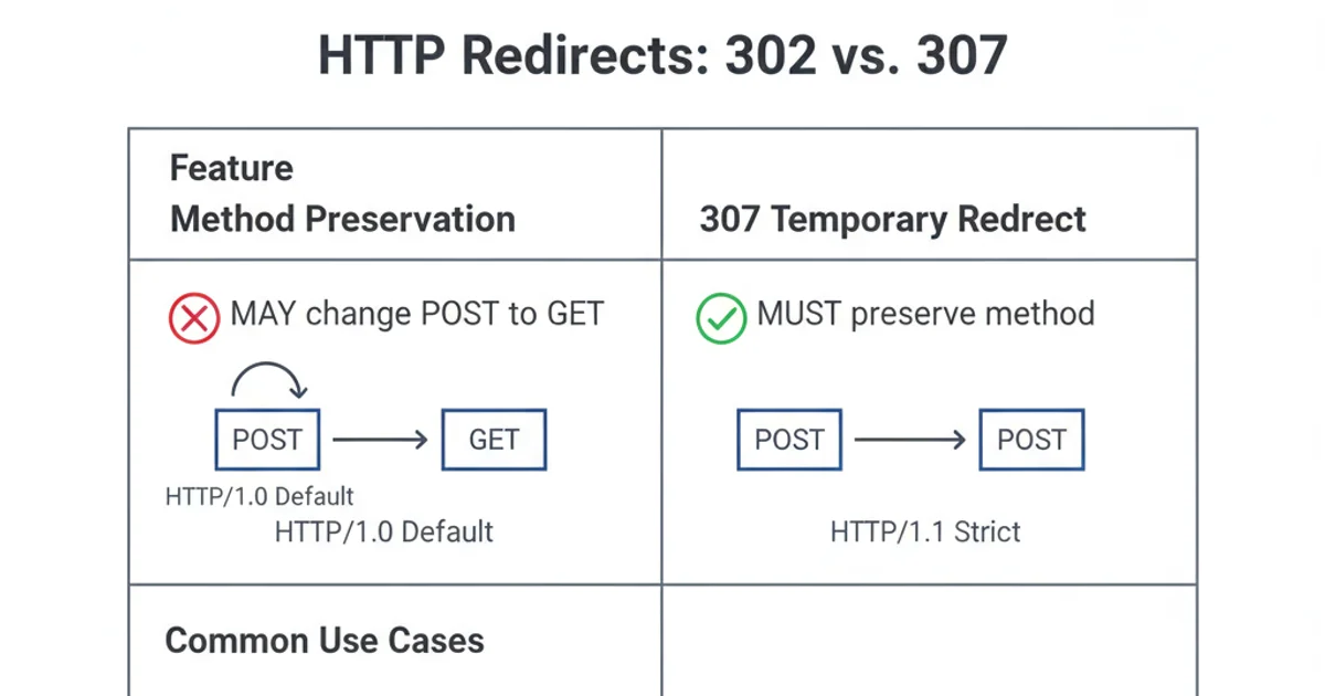 A comparison table highlighting the differences in method preservation and common use cases for 302 and 307 HTTP redirects.