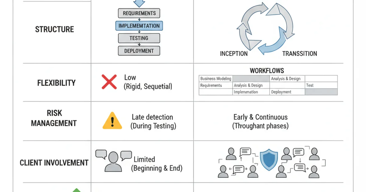 A table comparing Waterfall and RUP across various dimensions like flexibility, risk management, and client involvement.