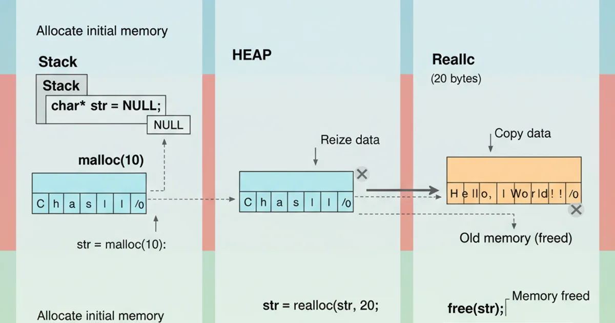 Diagram illustrating memory allocation and deallocation lifecycle for a dynamic string.