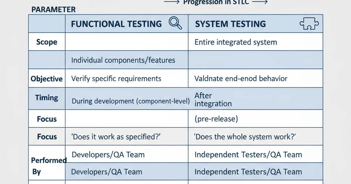 Table comparing functional testing and system testing across various parameters like scope, objective, and timing.