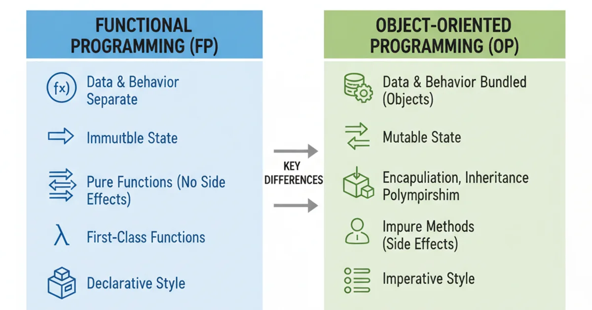 Comparison table highlighting key differences between Object-Oriented Programming and Functional Programming.