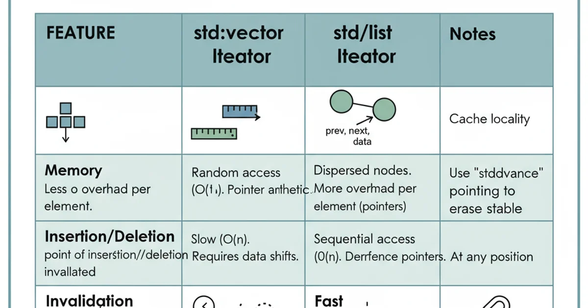 Table comparing std::vector and std::list iterators based on memory, access, insertion/deletion, and invalidation.