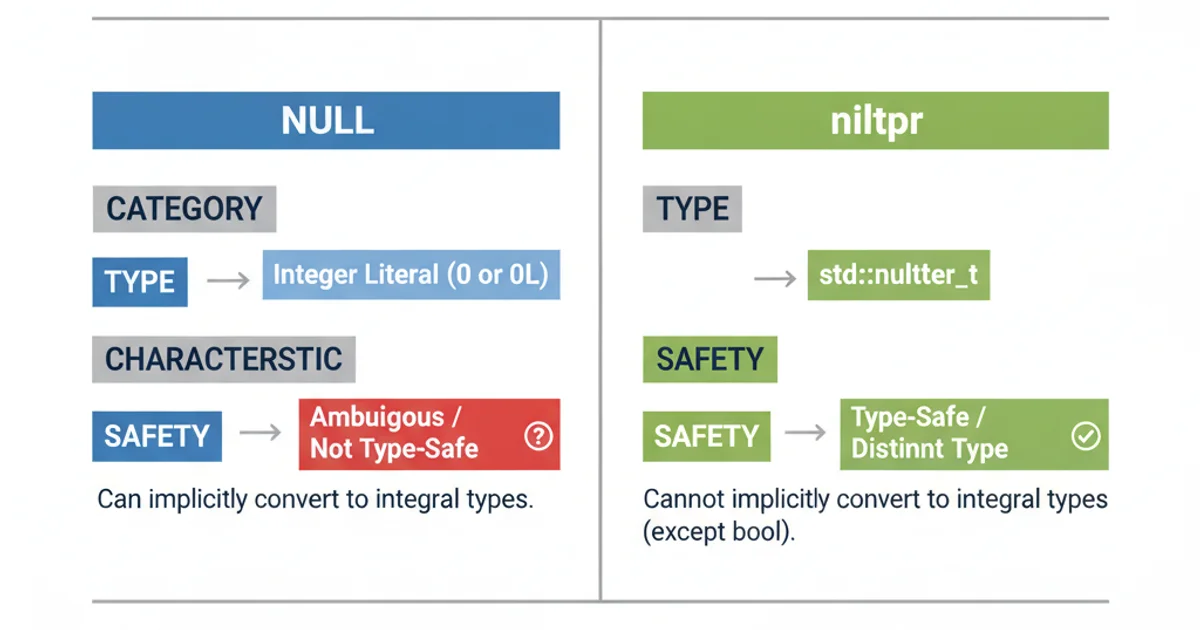 A comparison table showing NULL as 'integer literal' and 'ambiguous' versus nullptr as 'std::nullptr_t' and 'type-safe'.