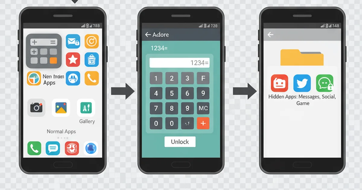 Conceptual diagram showing an app hider disguised as a calculator icon on an Android home screen, with hidden apps inside