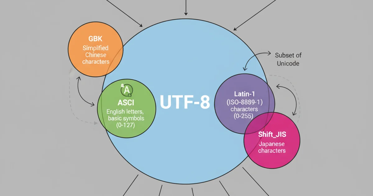 Diagram showing different character encodings and their character sets, with UTF-8 as the most comprehensive.