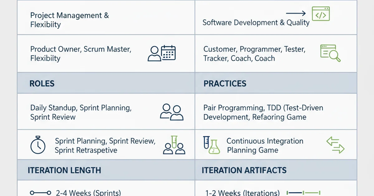 A comparison table highlighting the differences between Scrum and Extreme Programming across various dimensions like focus, roles, practices, and iteration length.