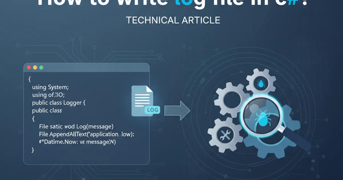 Illustration of a C# code snippet writing to a log file, with gears and a magnifying glass symbolizing debugging and maintenance.