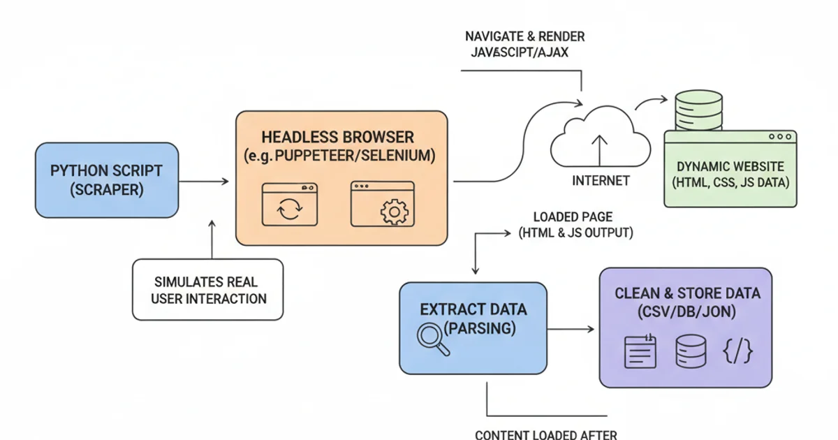 Workflow diagram showing how to handle dynamic content in web scraping, involving a headless browser.