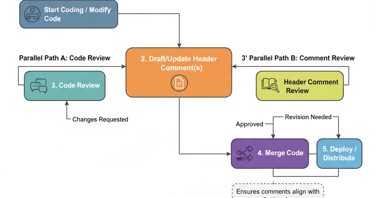 Workflow diagram showing how header comments are created, reviewed, and updated alongside code changes.