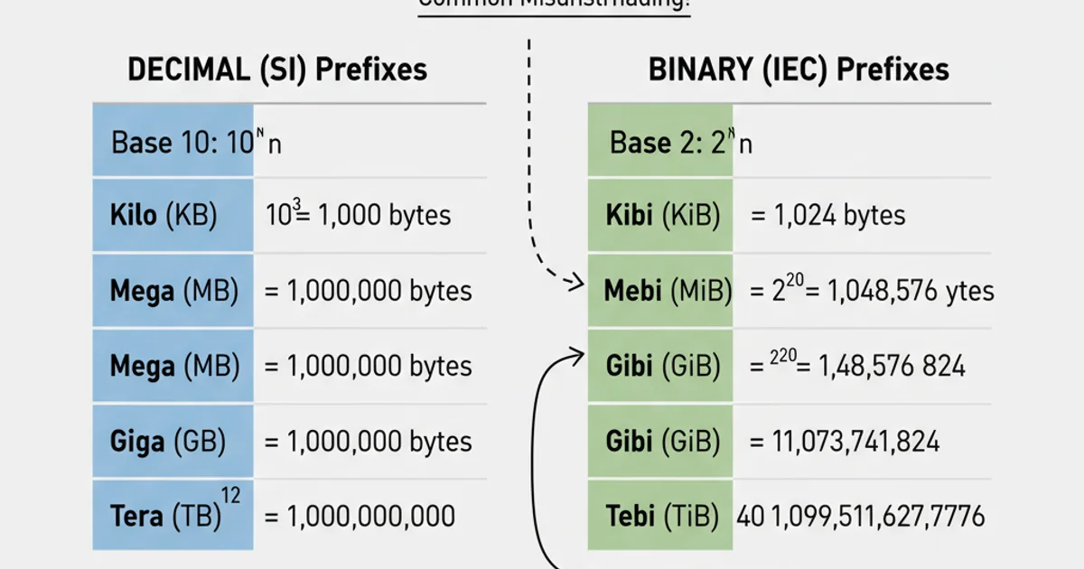 A comparison table showing decimal vs. binary prefixes for Kilo, Mega, Giga, and Tera, with their respective byte values.