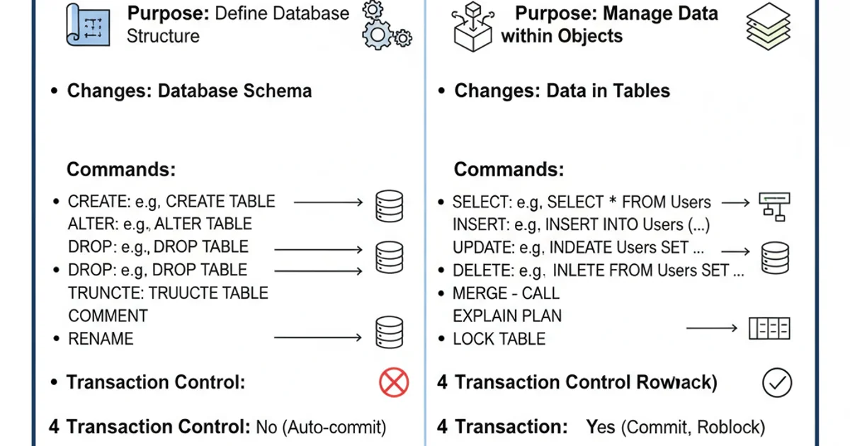 Comparison table highlighting differences between DDL and DML in SQL.