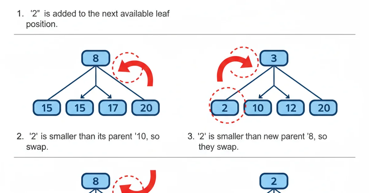 Diagram showing the insertion of the number 2 into a min-heap, illustrating the bubble-up process with swaps.