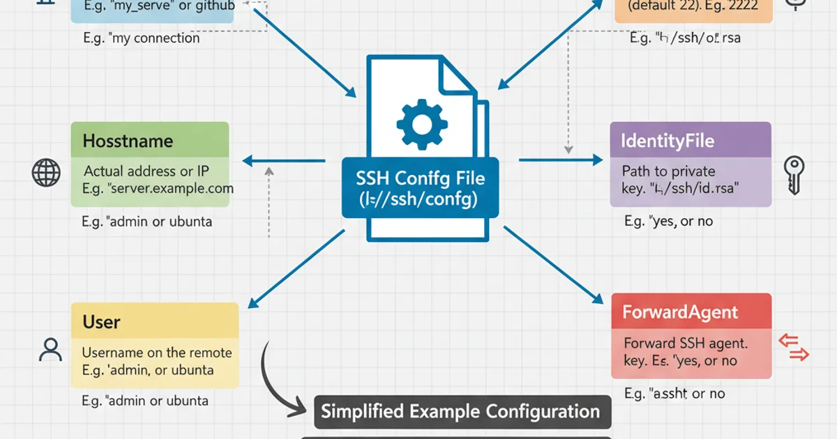 Diagram showing common SSH config directives and their purpose: Host, Hostname, User, Port, IdentityFile, and ForwardAgent.