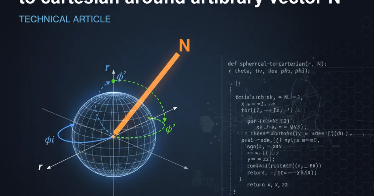 A 3D coordinate system with a sphere, showing spherical coordinates (r, theta, phi) and an arbitrary vector N as the new polar axis.