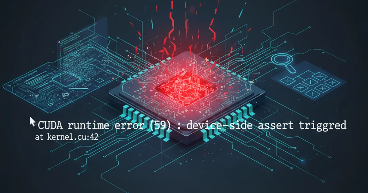 Abstract illustration of a GPU chip with glowing circuits, symbolizing a device-side error and debugging process.