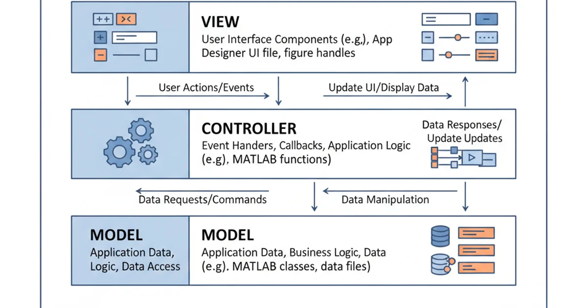 Diagram showing a modular MATLAB GUI application architecture with distinct layers for View, Controller, and Model.