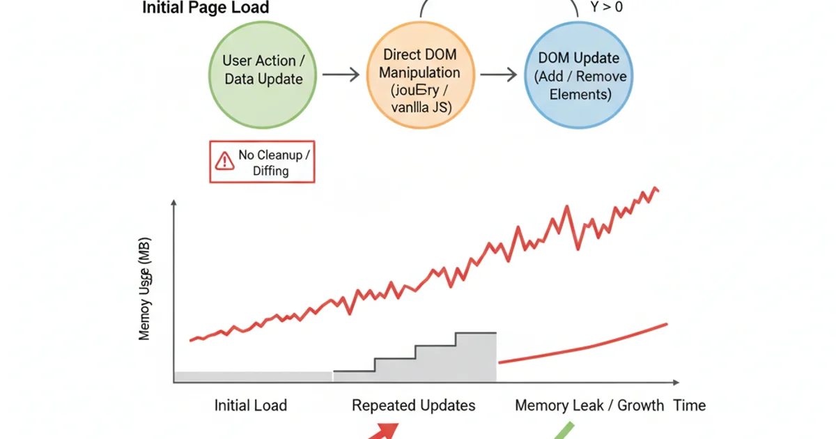 Diagram showing how unmanaged DOM updates can lead to memory growth over time.