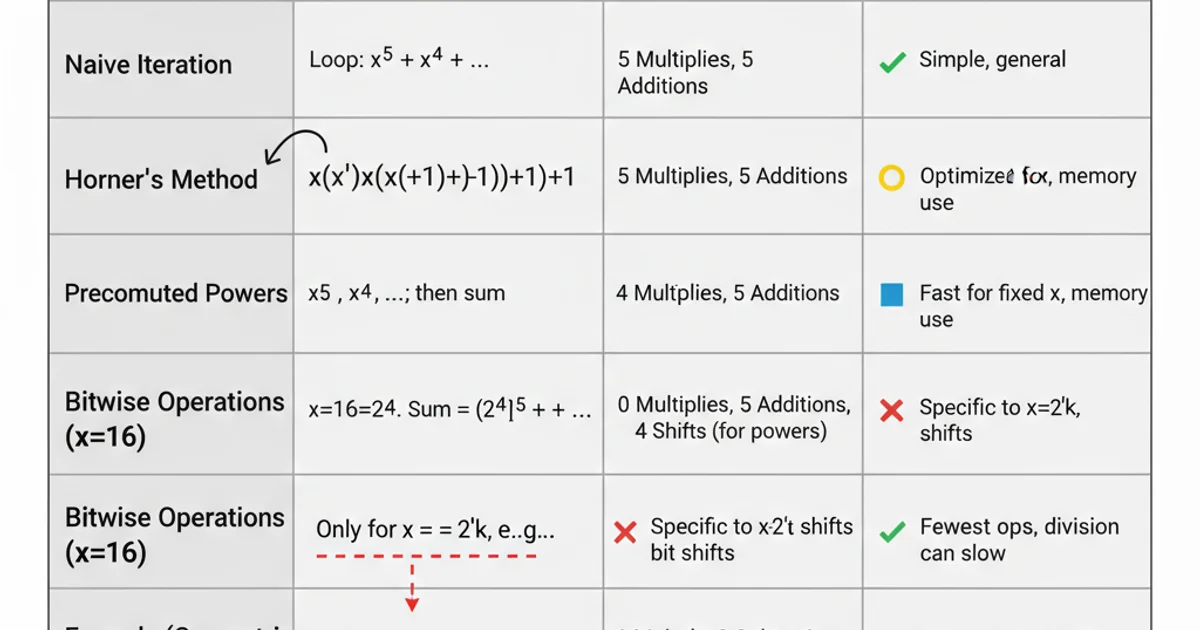 Comparison table of different summation methods showing operations count and typical performance characteristics