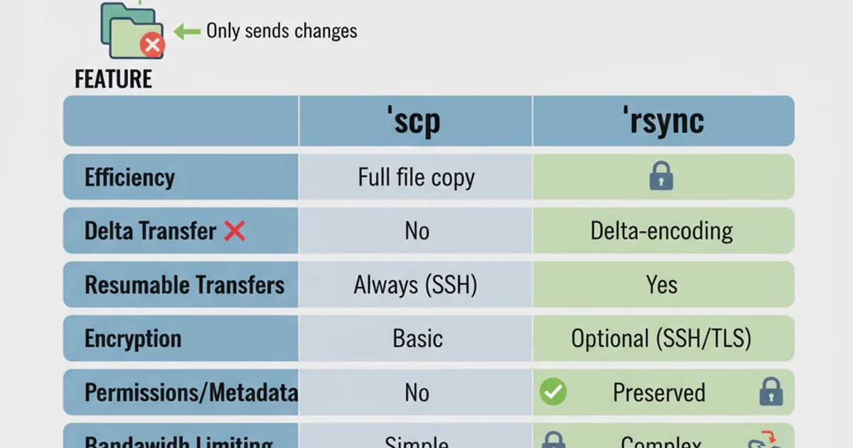 A table comparing SCP and Rsync across various features like efficiency, features, complexity, and use cases.