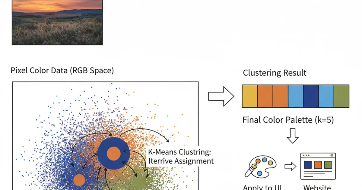 Diagram illustrating K-Means clustering applied to color data, showing pixels grouped into distinct color clusters.