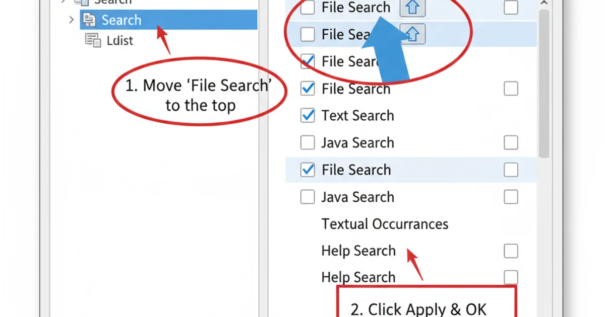 Screenshot of Eclipse Preferences showing 'Search Page Order' with 'File Search' moved to the top