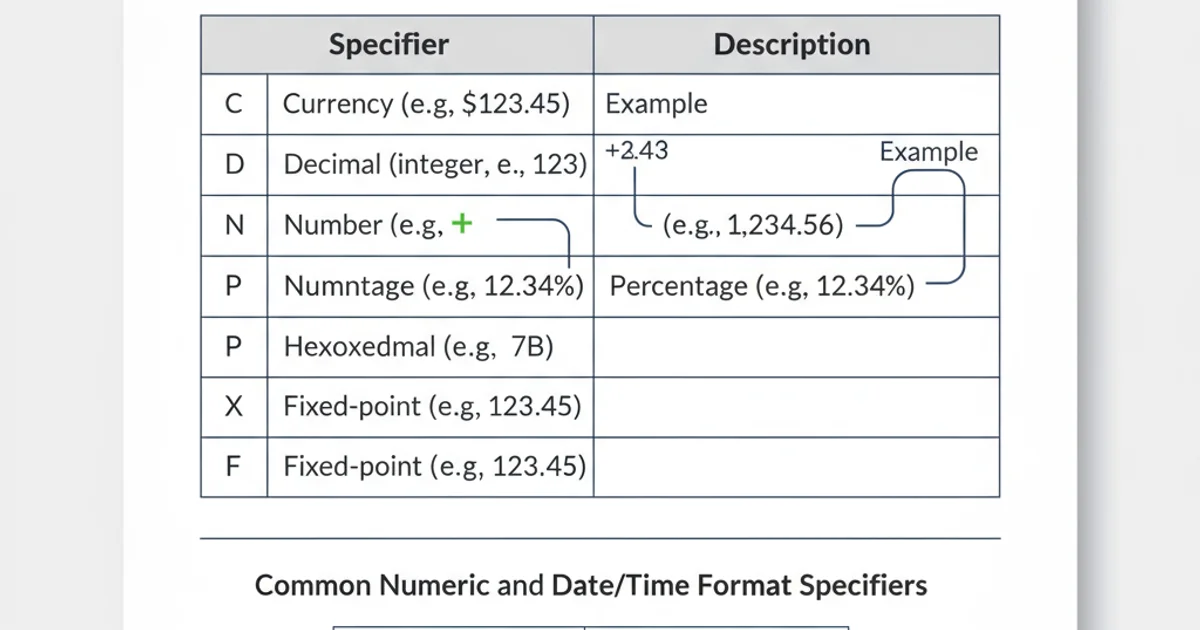 Table summarizing common C# string format specifiers like C for currency, D for decimal, N for number, P for percentage, X for hexadecimal, and their descriptions.