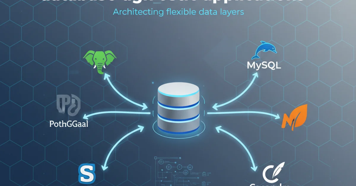 Abstract illustration of a database icon with multiple arrows pointing to different database logos (e.g., PostgreSQL, MySQL, SQL Server), symbolizing database agnosticism.