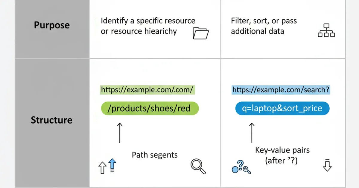 Table comparing URL parameters and query strings based on purpose, structure, and SEO impact
